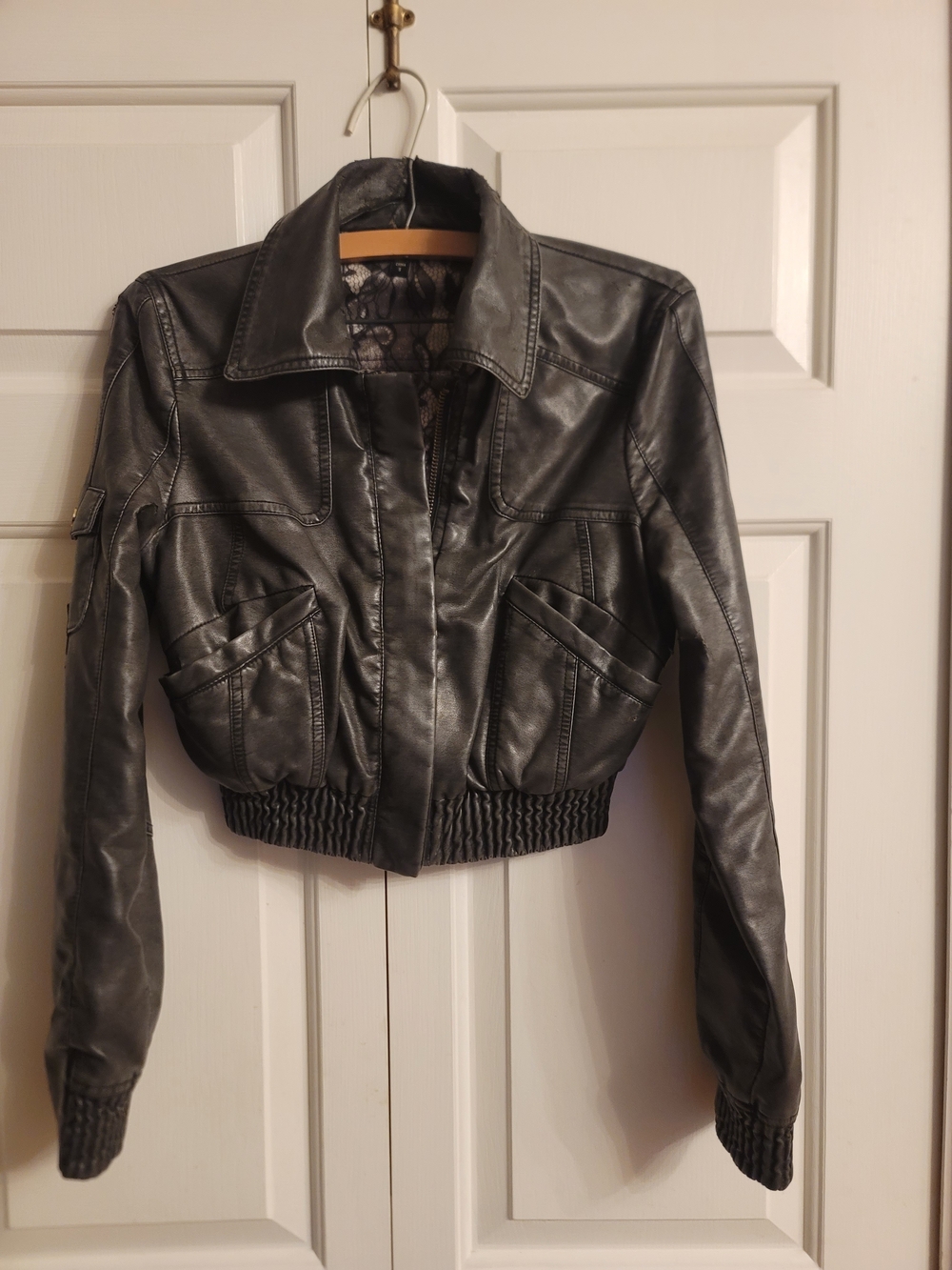 bebe Metallic Black Cropped Faux Leather Bomber Jacket